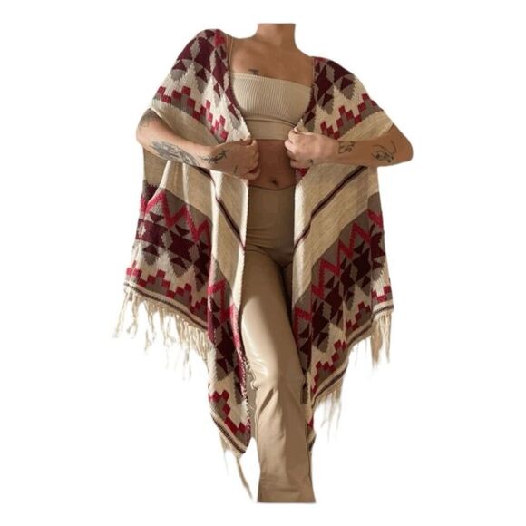 American Rag Entry Cie Boho Print Poncho Sweater Cream Red Chunky Knit Fringe - Picture 1 of 8